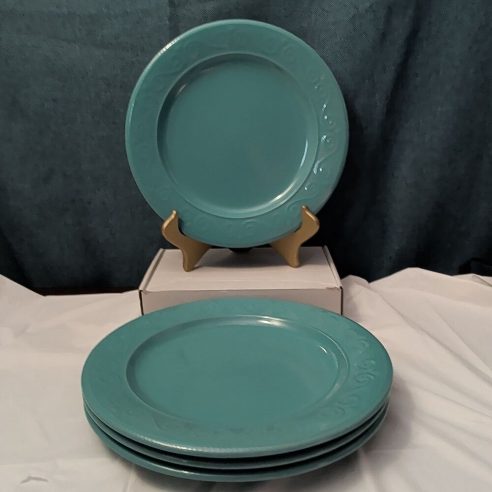 Set of 4 Royal Norfolk Dinner Plates Turquoise Teal Blue Scrolls Rim 10.5" - Picture 3 of 16